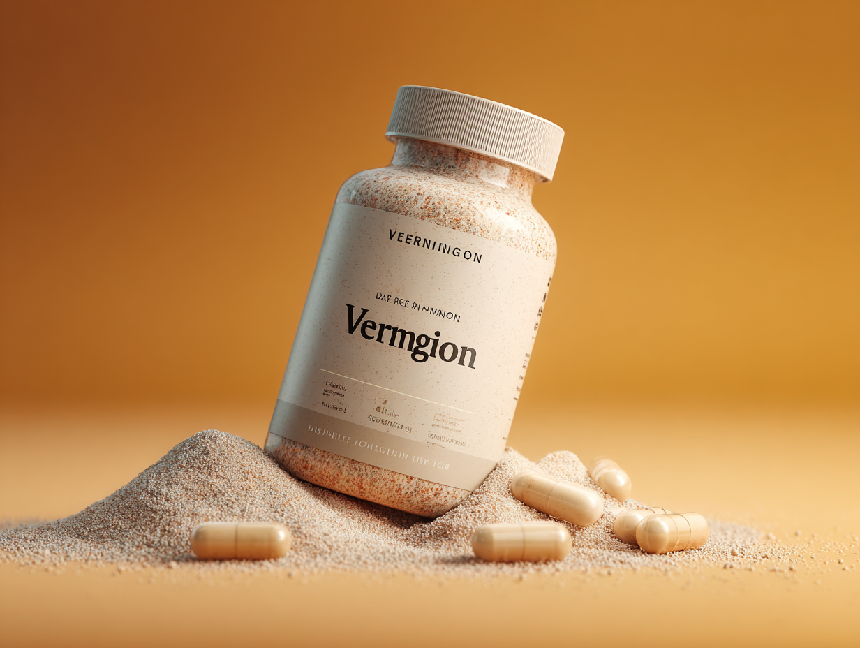 Vermgion természetes parazitatisztító készítmény doboza semleges háttéren, zöld színű csomagolással és világos termékfelirattal